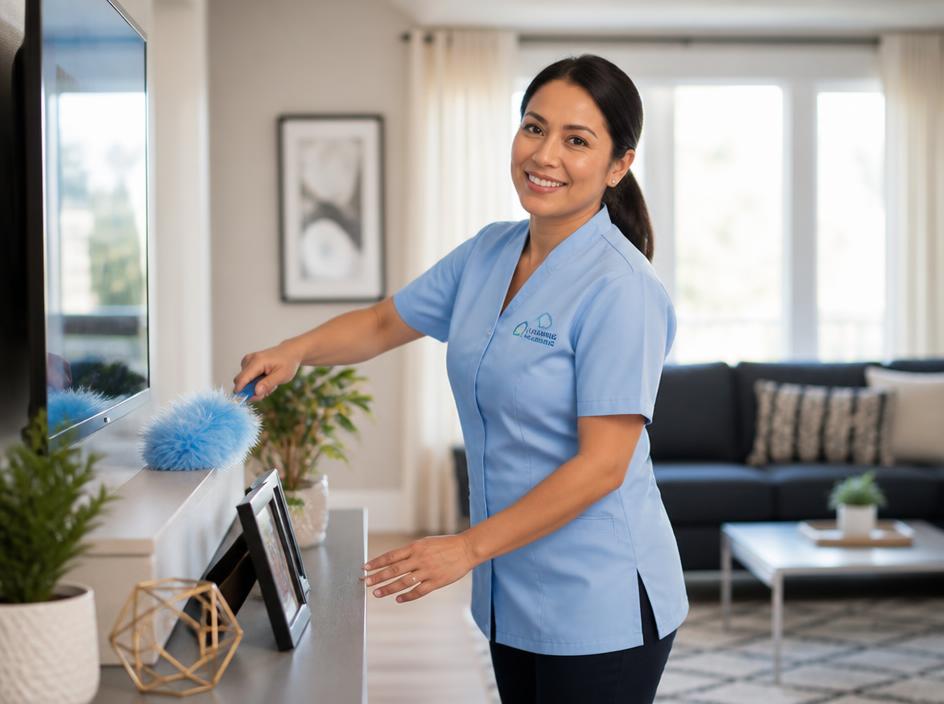 SparkleClean professional cleaner dusting a modern home